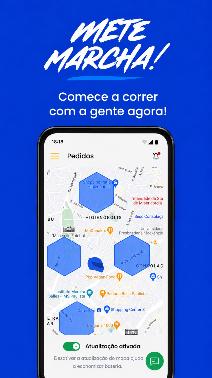 Tela do app com mapa de áreas de alta demanda