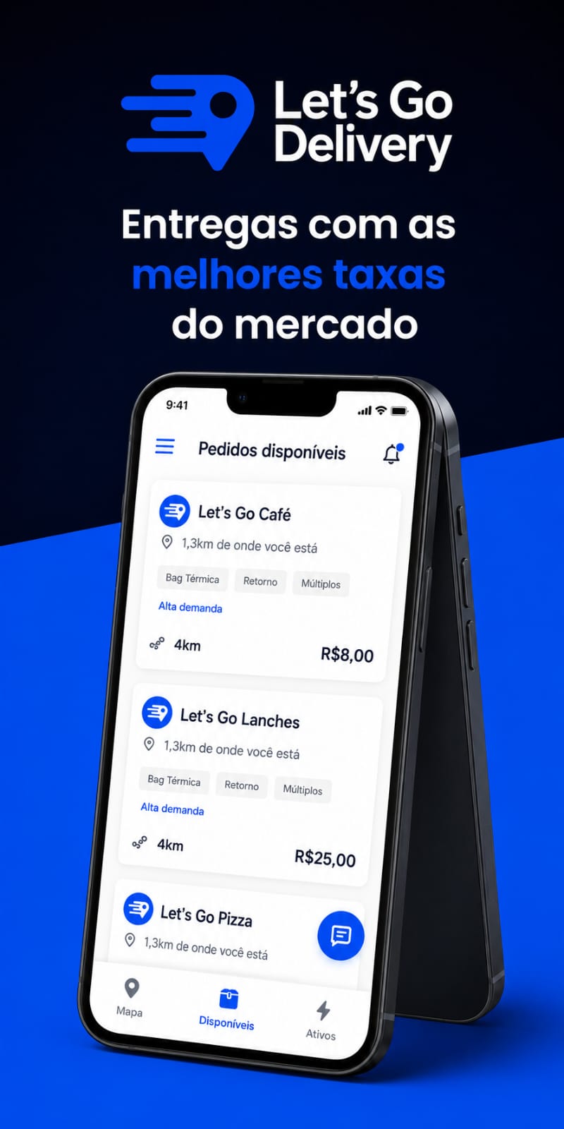 Tela do app com pedidos disponíveis e valores da entrega